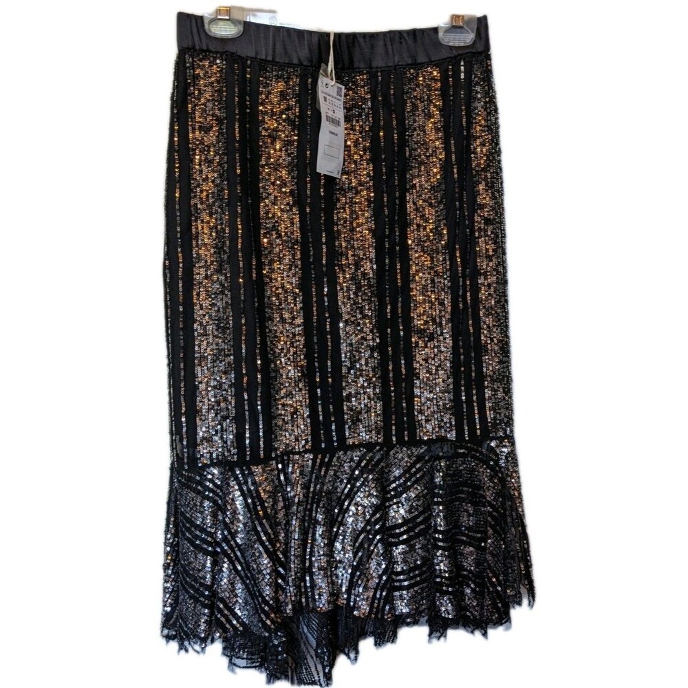 Zara Sequin Midi Skirt Black Silver Striped Asymmetric Ruffle Hem NWT M